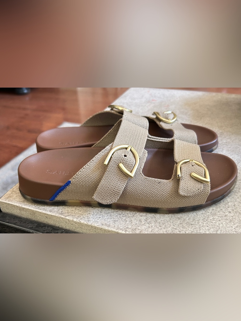 Rothy's Women's Tan Dual-Strap Sandals with Gold Buckles - Picture 2 of 4